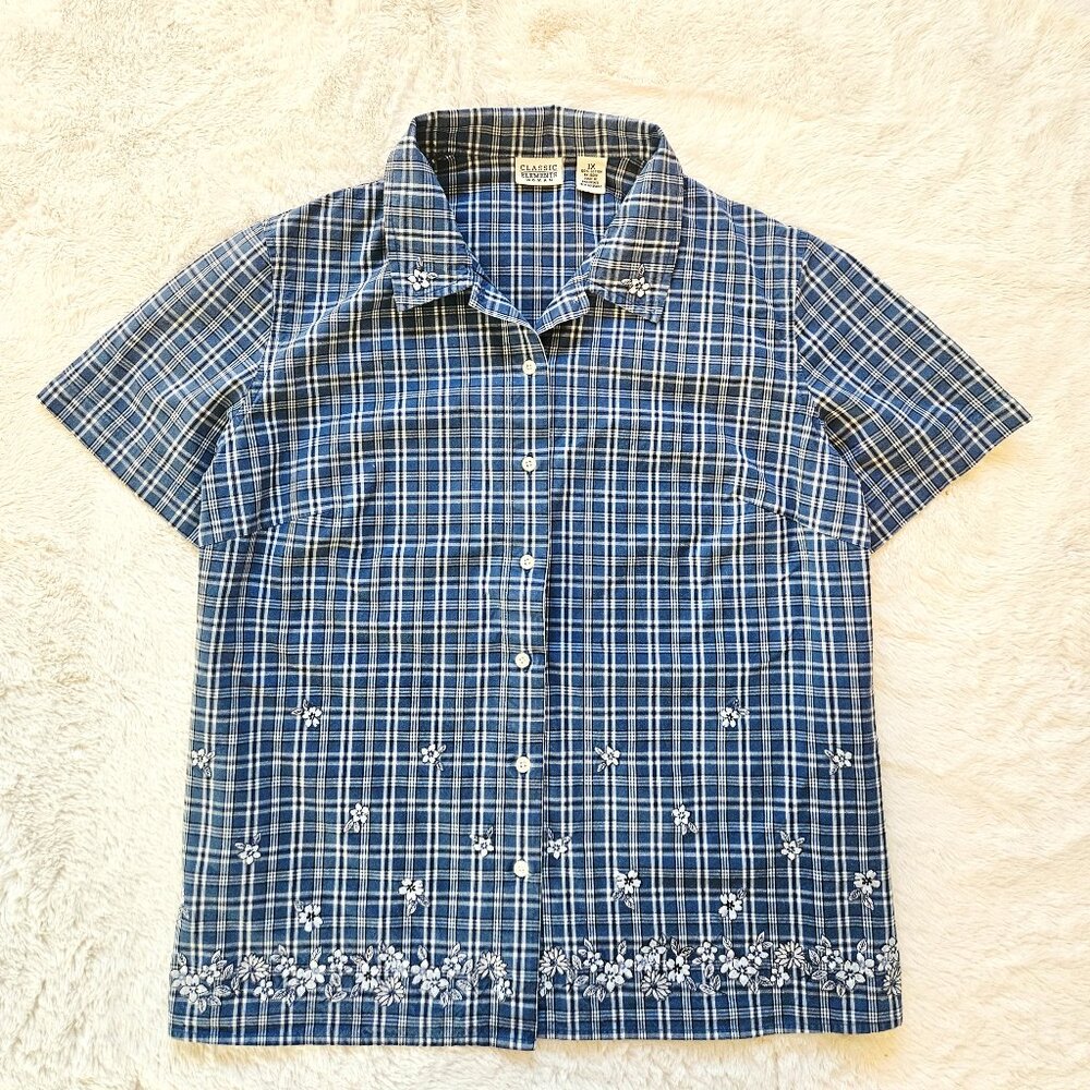 Classic Elements Women's Cottagecore Shirt Checked Floral Embroidery Size 1X